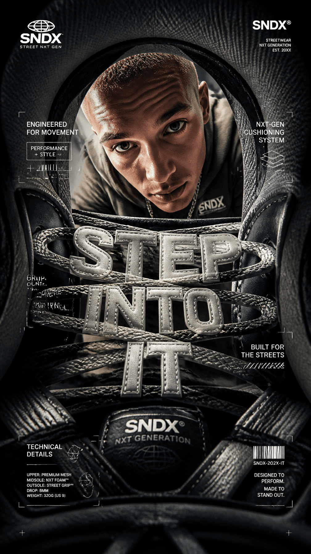 A premium 9:16 sneaker advertising poster.Main Subject:A you