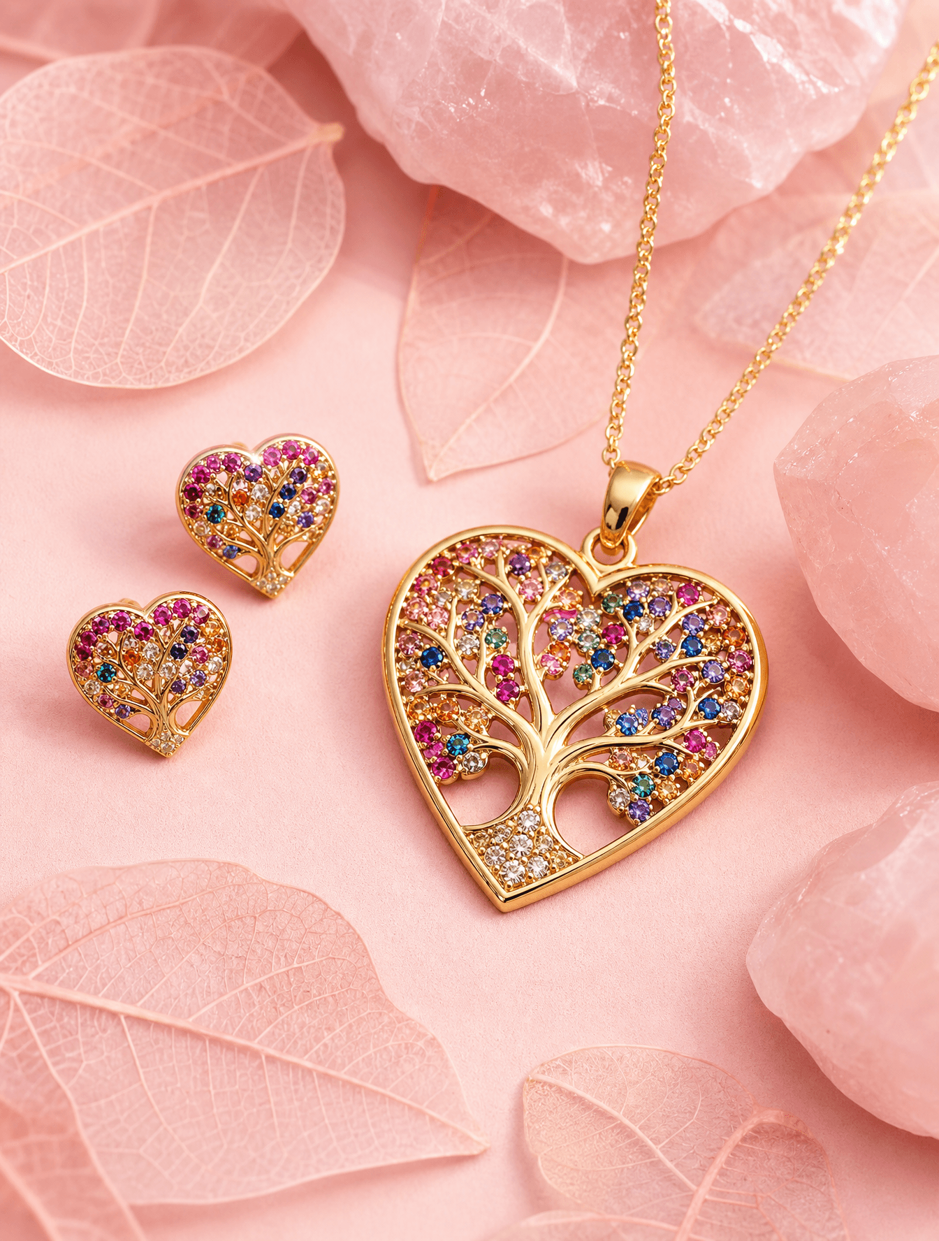 A gold heart-shaped pendant featuring a Tree of Life motif e