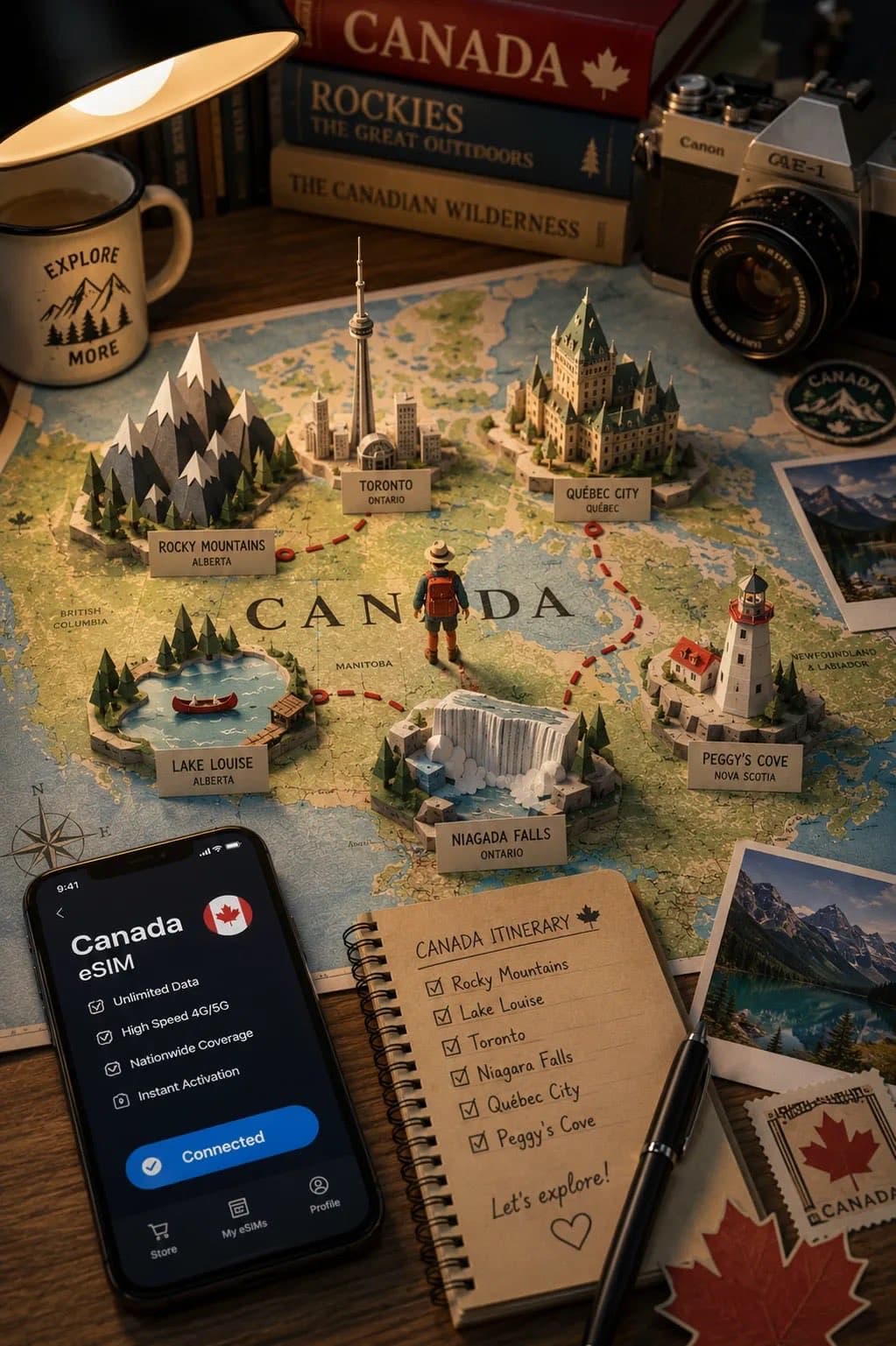 A premium travel-planning tabletop scene for [LOCATION], pho