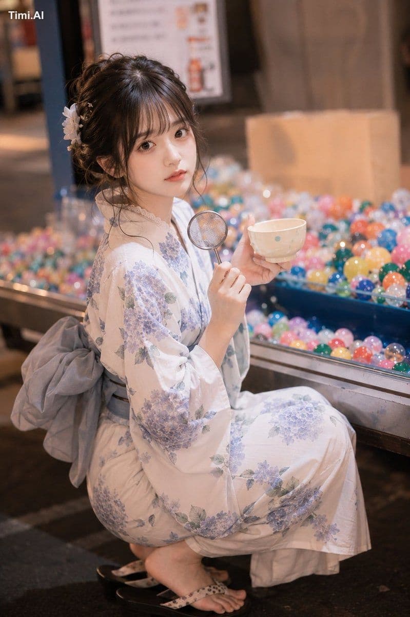 縦長3:4の写真。夏祭りの縁日で、色とりどりの水風船が浮かぶ水槽の前にしゃがむ若い女性を、画面中央やや左へ配置する。人物