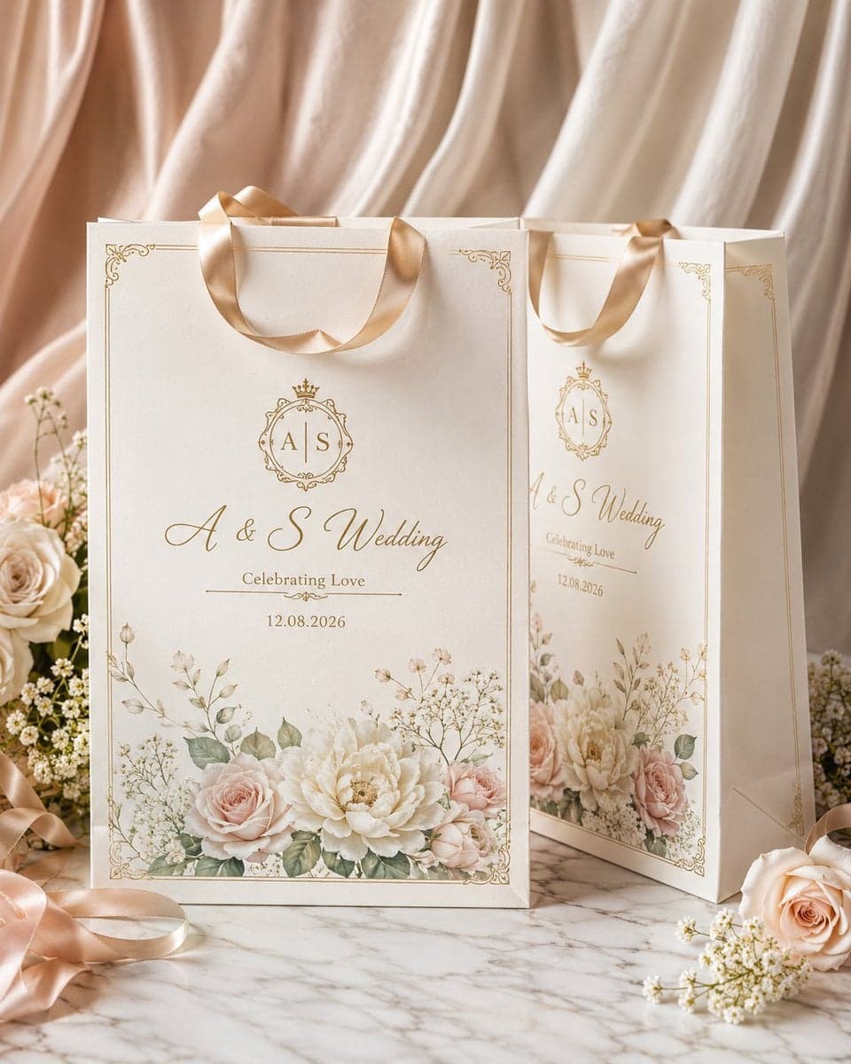 Create a high-end luxury wedding gift bag mockup in a clean 