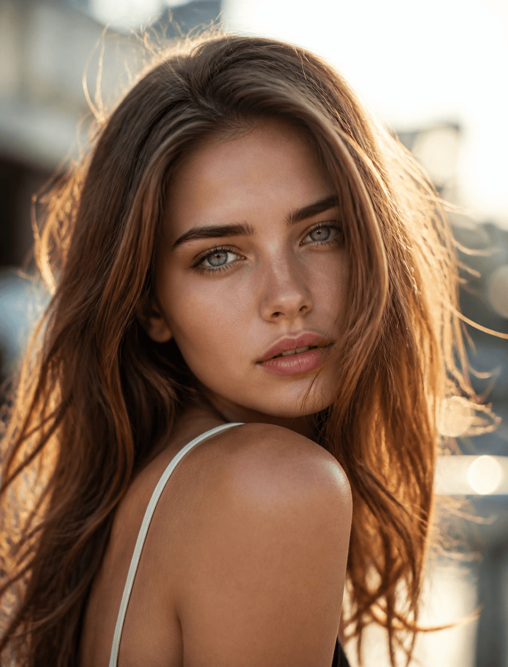 Ultra-realistic cinematic portrait of a young woman, natural