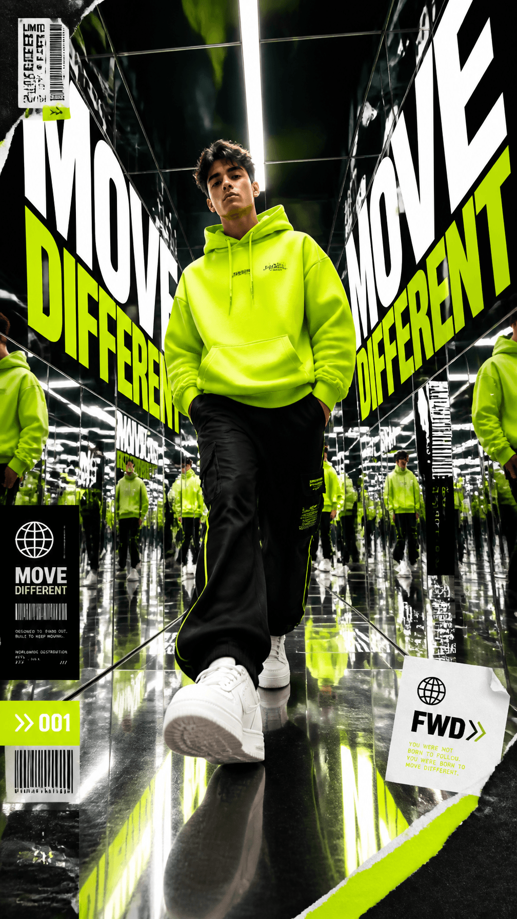 A premium 9:16 streetwear editorial advertising poster.Main