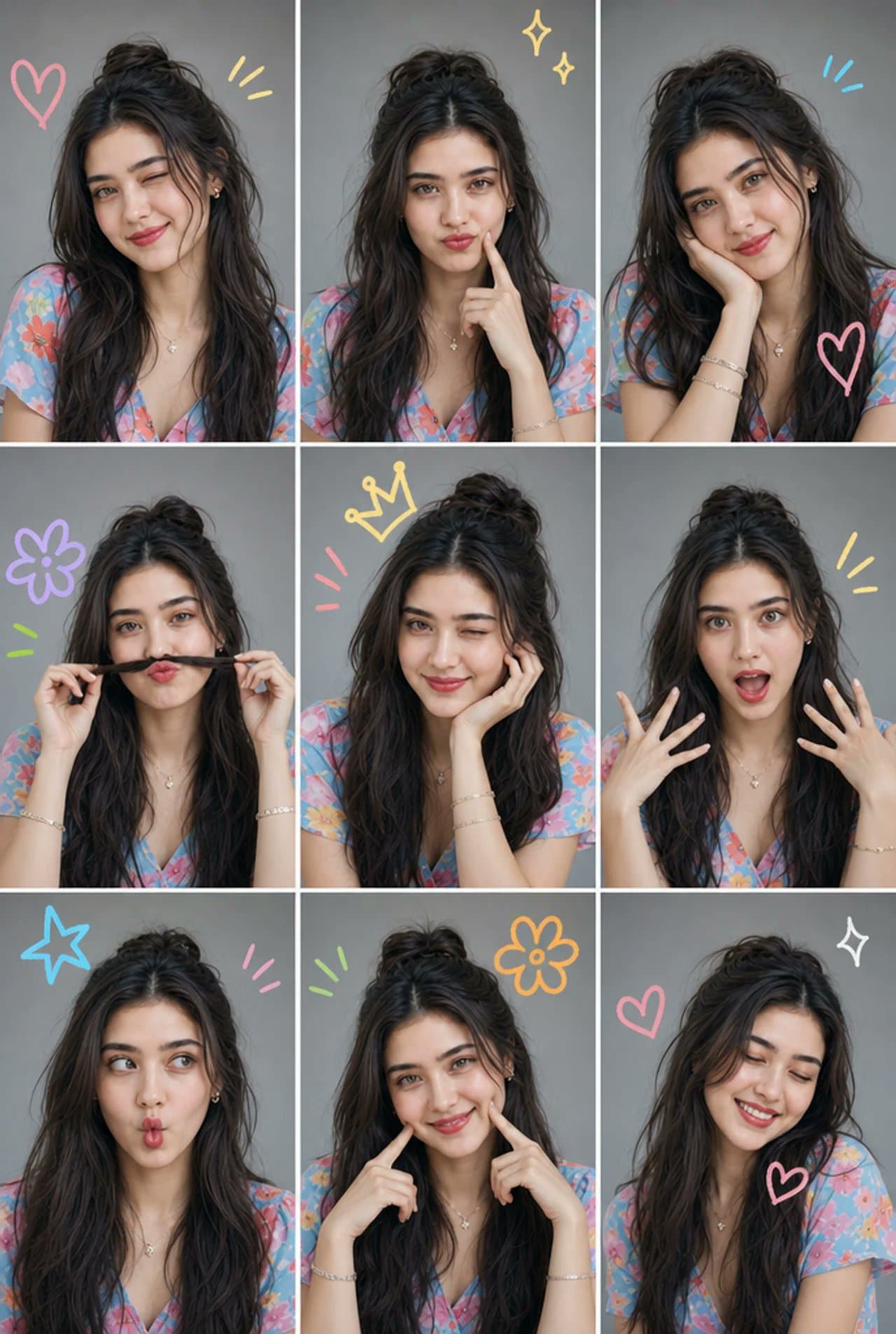 A nine-panel photo collage featuring the same person in each