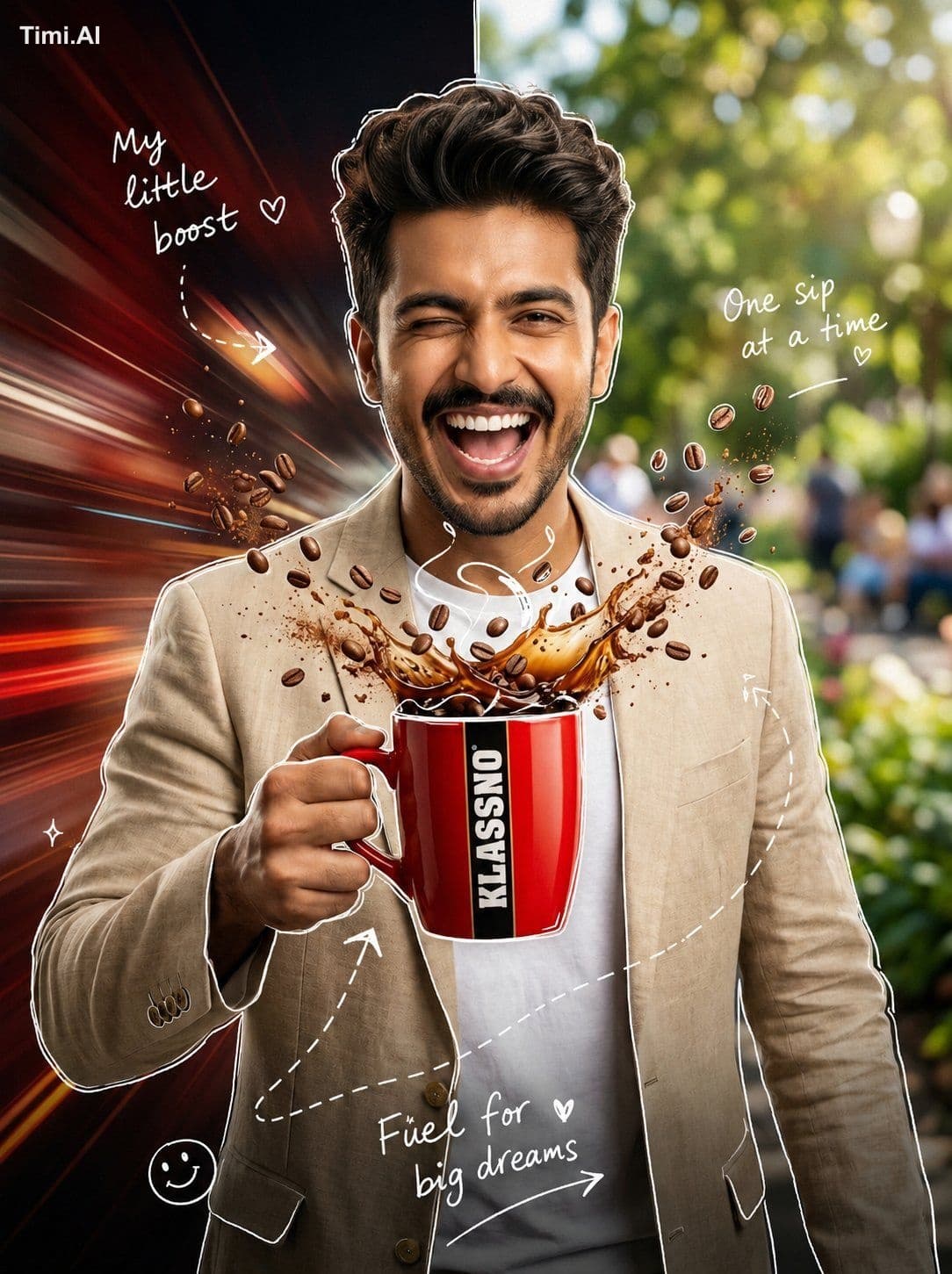 A stylish commercial poster photo of a happy young man holdi