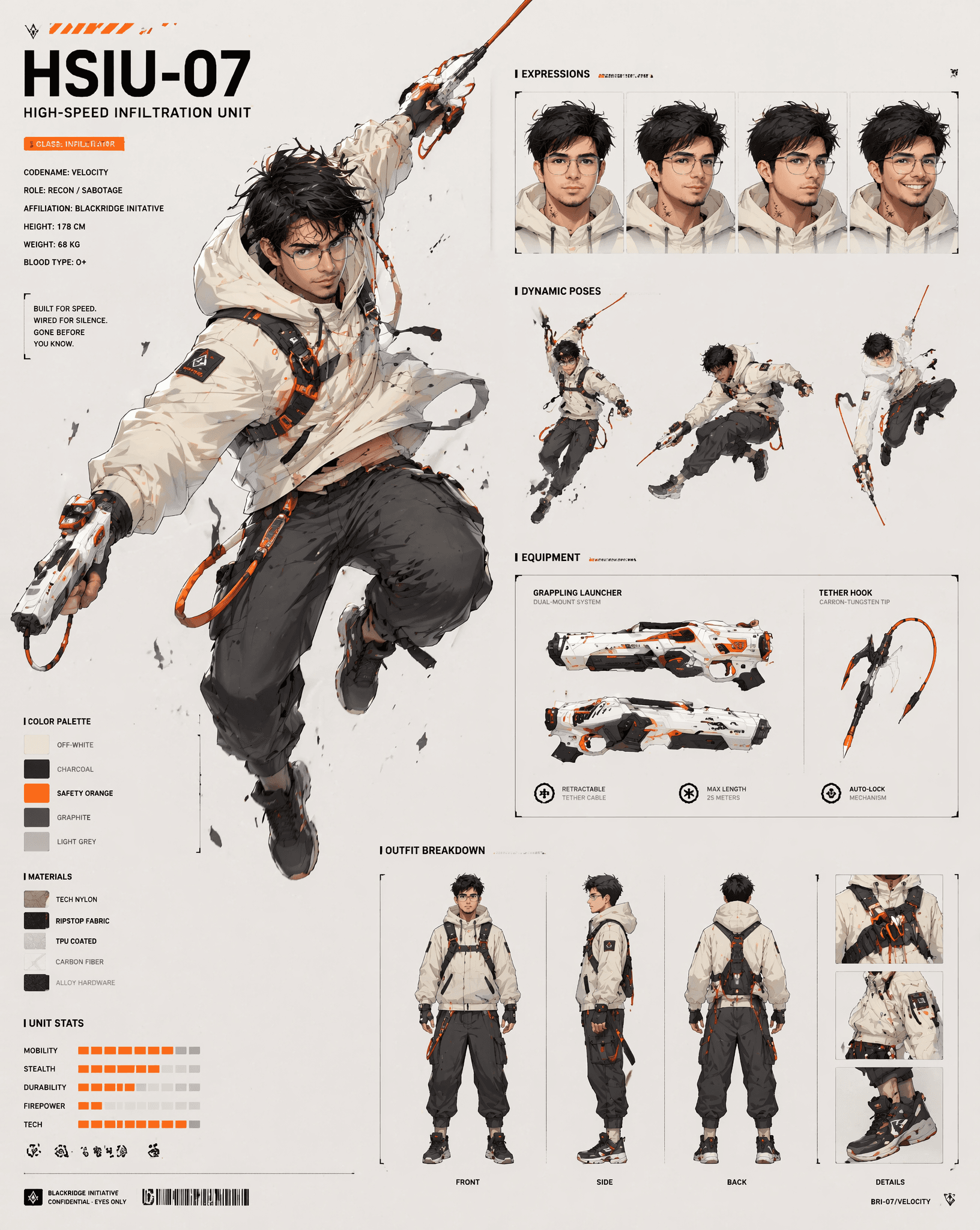 A dynamic character concept sheet showcases a "High-Speed In