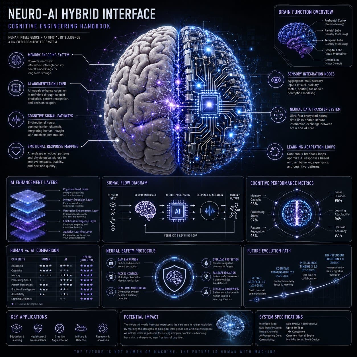 Create a premium square “neuro-AI hybrid system infographic”