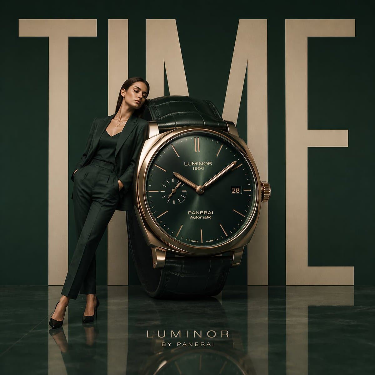 Minimalist luxury watch campaign, oversized wristwatch posit