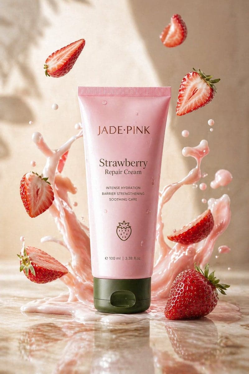 A sleek jade-pink tube labeled "Strawberry Repair Cream" upr