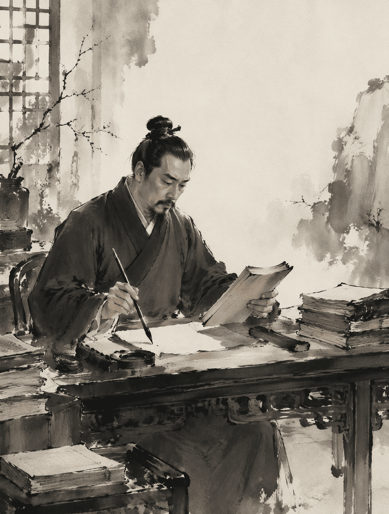主体与动作
一位身着传统深色长袍的中国专利审查员，端坐在堆满古籍与现代专利文件的红木书案前，神态凝重而专注，右手持毛笔悬