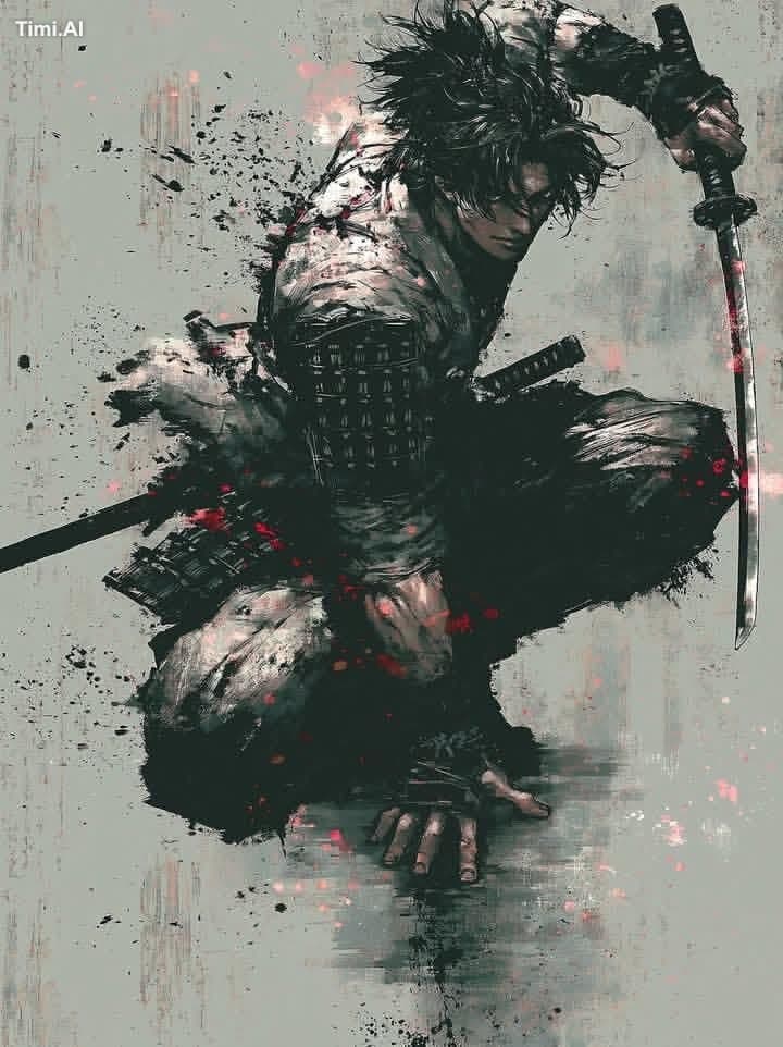 A lone samurai warrior in dynamic battle pose, messy spiky b