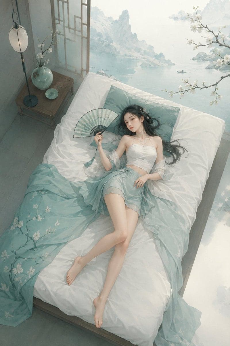 极简东方禅意半写实插画，主体为[主体]，青绿颜色体系，较强饱和对比，画面空灵静谧，大面积留白，带轻雾感、静止空气感和朦胧