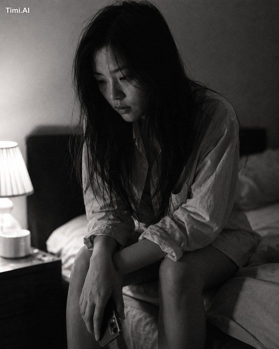 Close-up portrait, 85mm f/1.4, a young East Asian woman in h