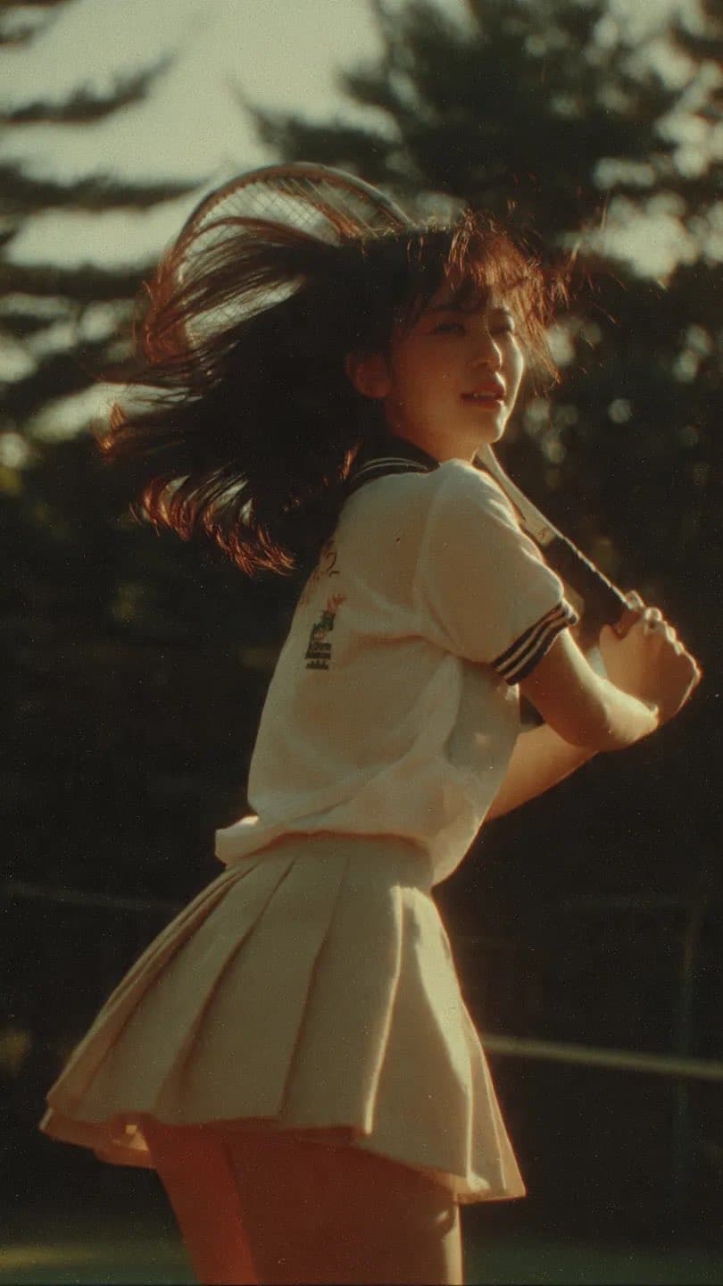 Cinematic middle shot of a Japanese teenage girl in tennis u