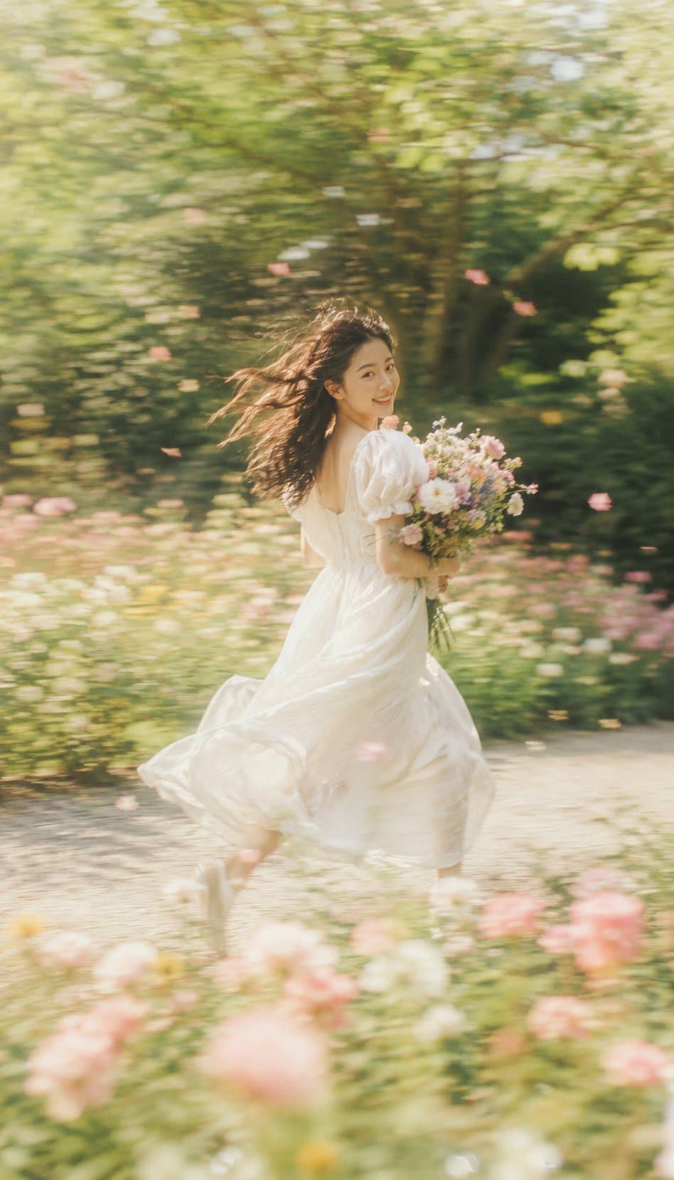 Create a 9:16 vertical dreamy slow-shutter garden portrait p