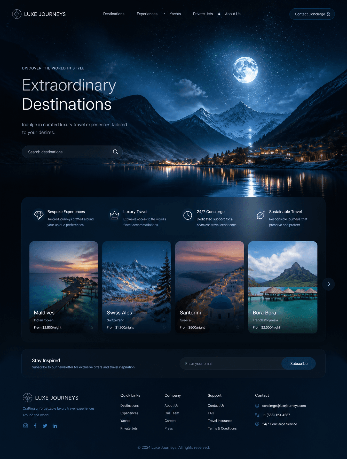 Luxury moonlight travel landscape, glowing lake reflections,