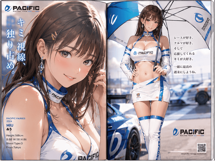 レースクィーン雑誌の見開きページを作成。 接写あり。 日本人モデル。 スタイルを変えて4枚作成。 アニメイラスト調。