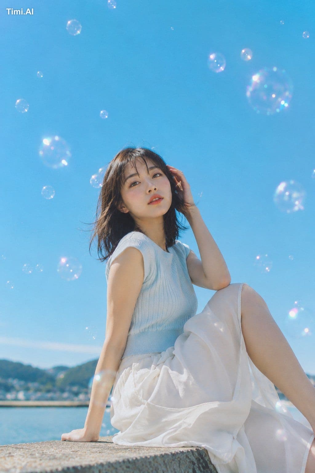 20代女性。自然で成熟した日系の顔立ち、清透感のある写真用メイク。肌は明るくなめらかだが、毛穴や産毛をわずかに残したリア