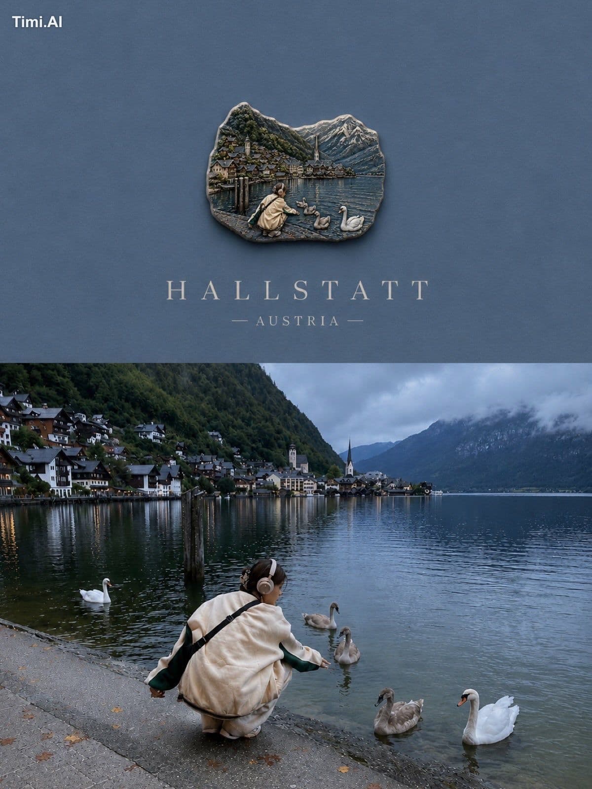 Create a luxury travel poster from my photo. Split layout: 3