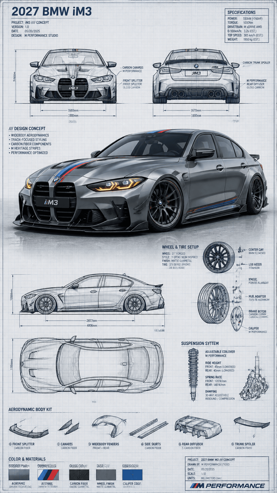 Highly detailed technical blueprint sketch and realistic 3D–