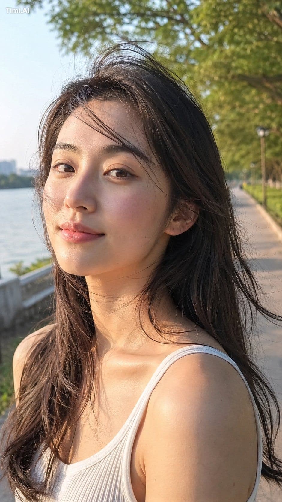 【正向提示词】
9:16 竖版,写实自然生活摄影,真实户外人像摄影,手机原相机与自然人像镜头结合的真实质感,清晨河边步