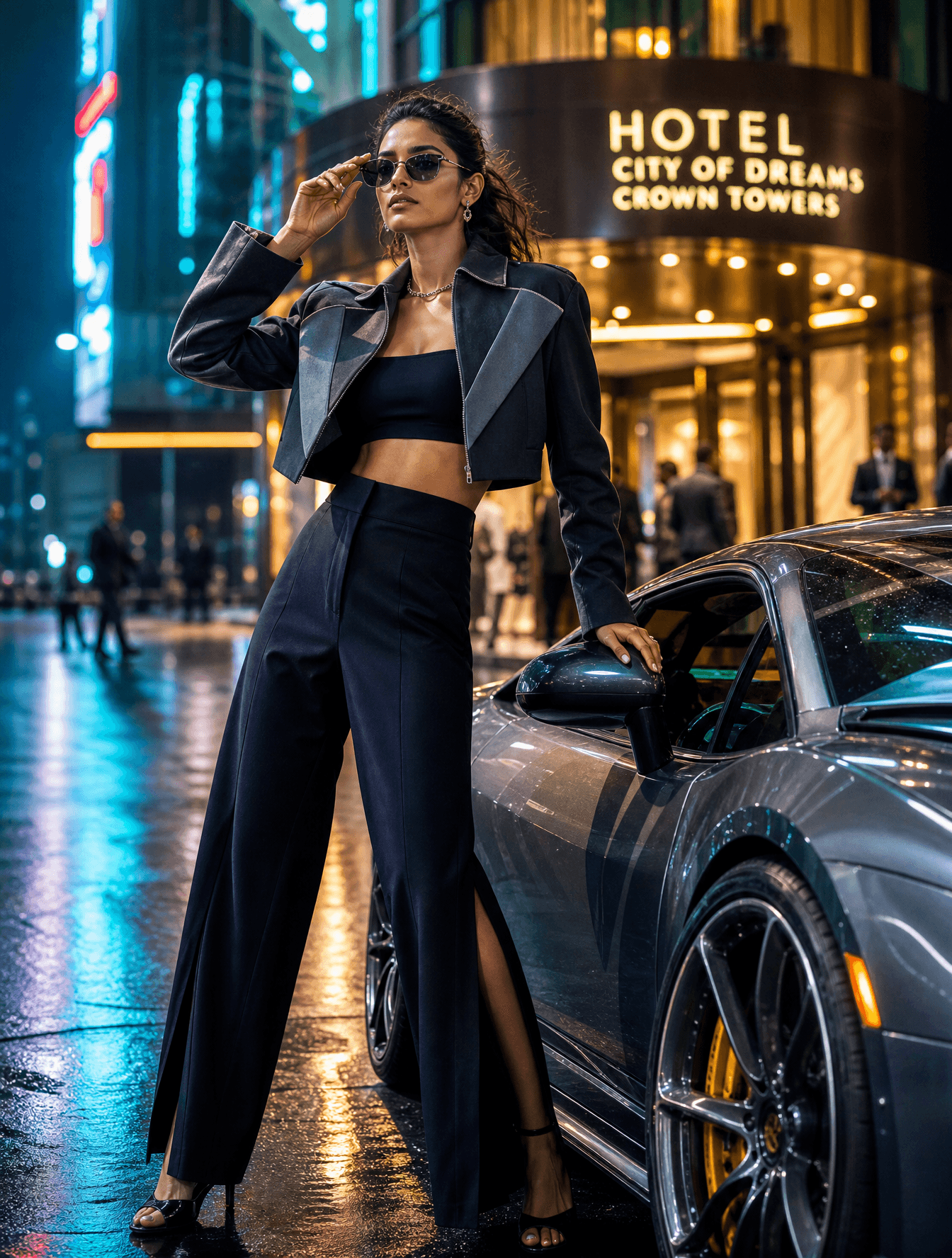 A striking South Asian fashion model in a high-end modern st