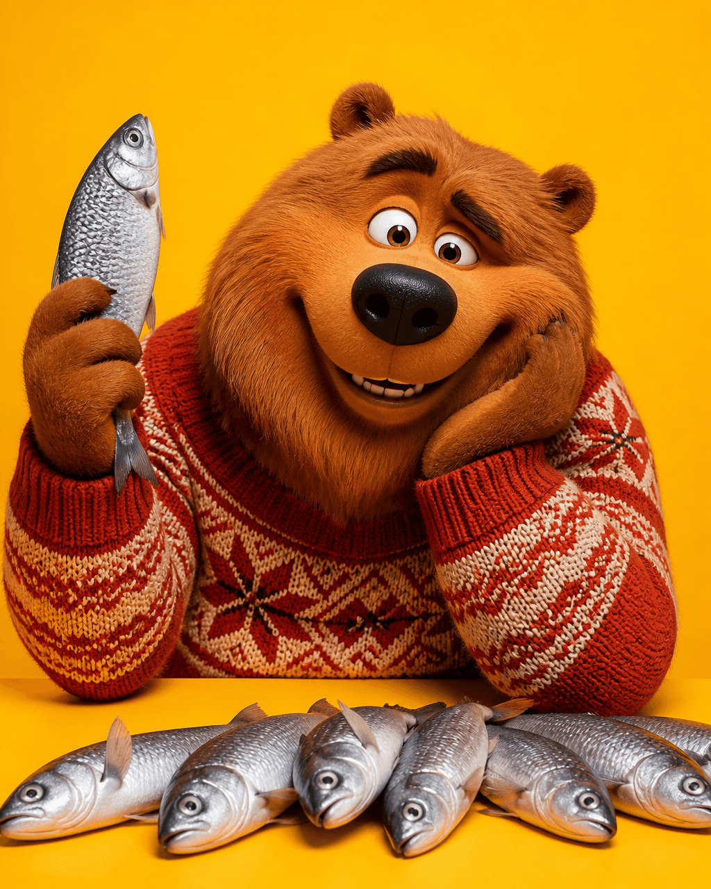 grizzy  smiling while holding a fish Dark  covering one eye,