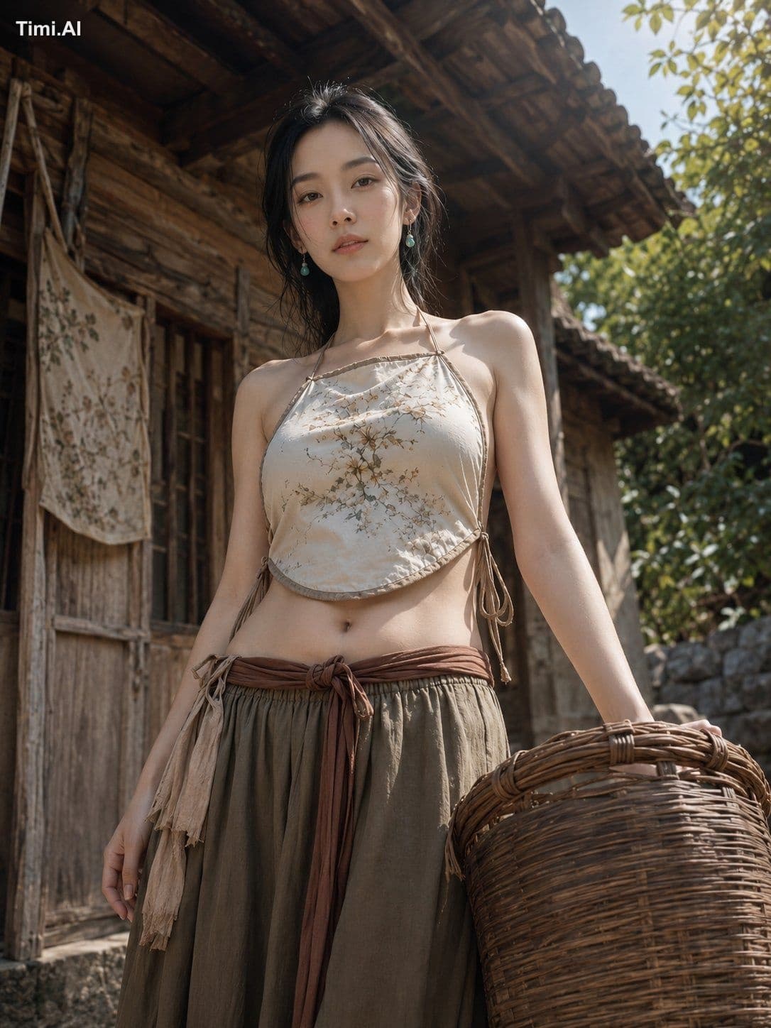 东亚女性立于阳光庭院垂柳下,低角度取景头顶至小腿居中,身体微转左,神情平静,唇微启下巴微扬。
修长身形暖白肌肤,杏仁深
