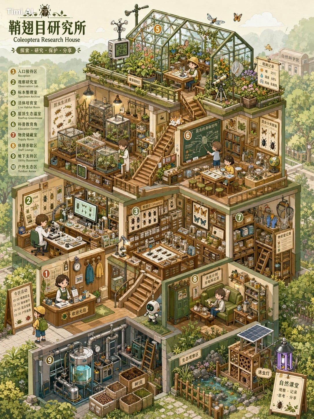 请根据【主题】创作一张高完成度、高信息密度、适合系列化发布的「微缩世界剖面馆 / Isometric Micro-Wor