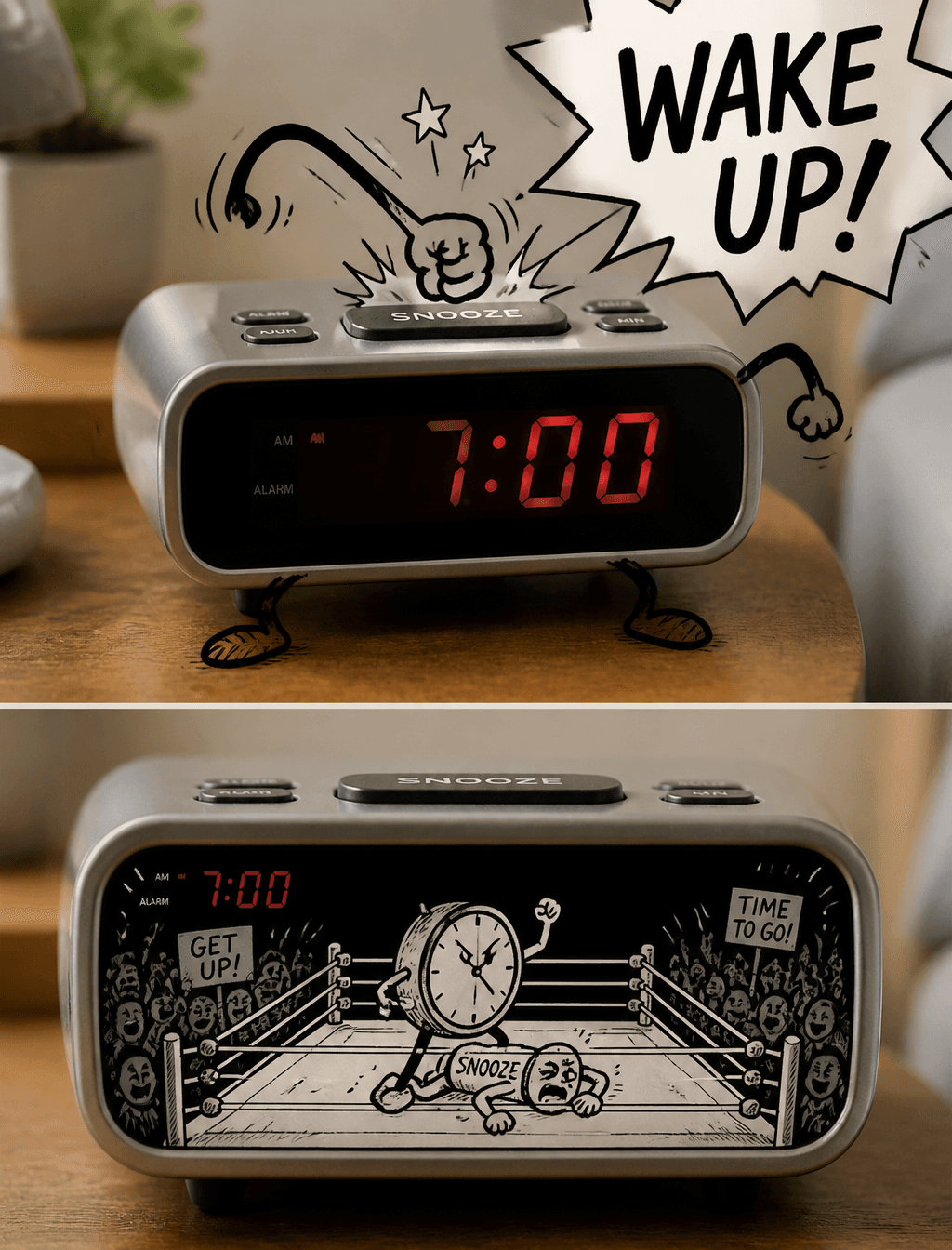 - Photo of an alarm clock, but doodled arms and legs punchin