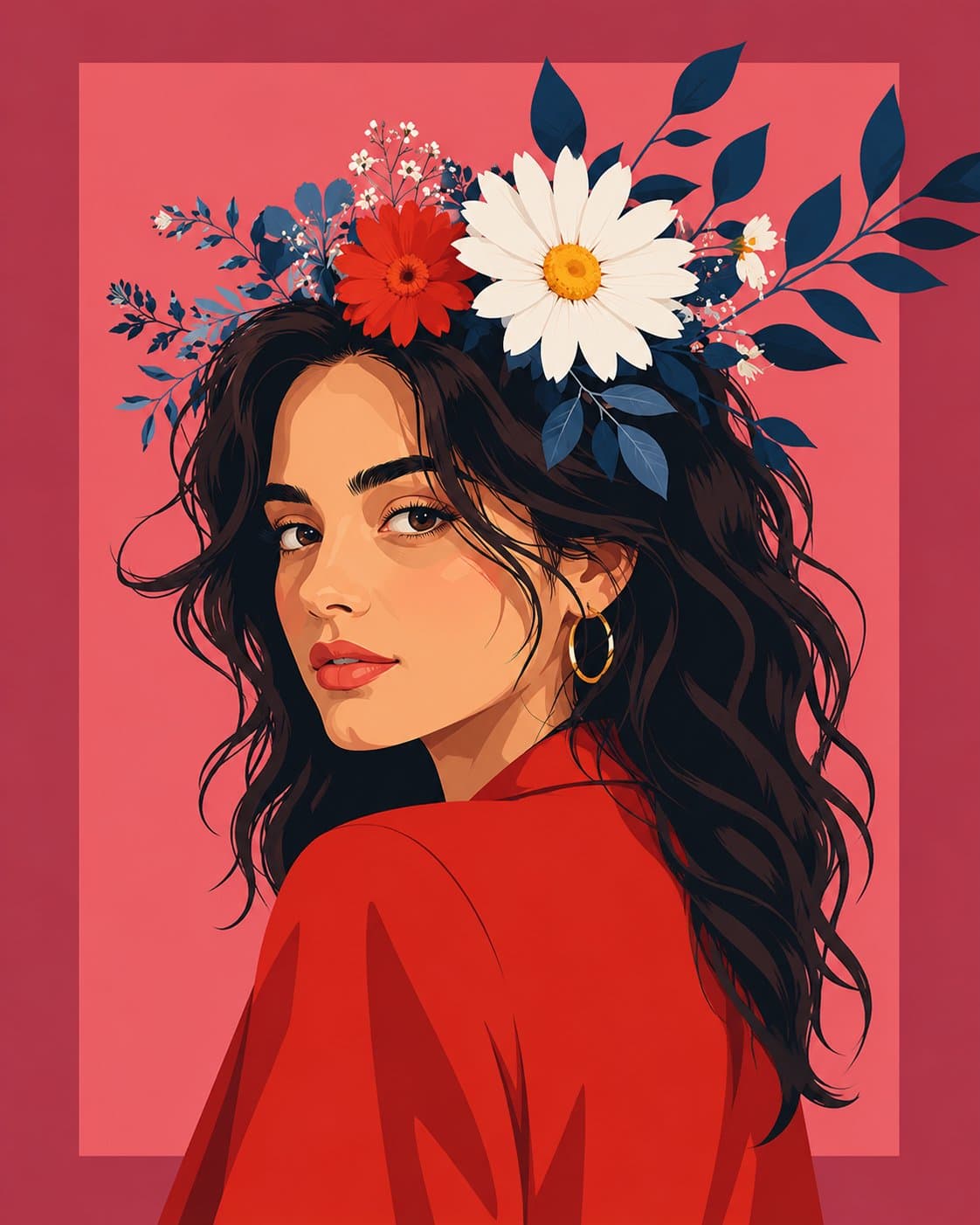Wide flat vector illustration poster, woman with floral crow