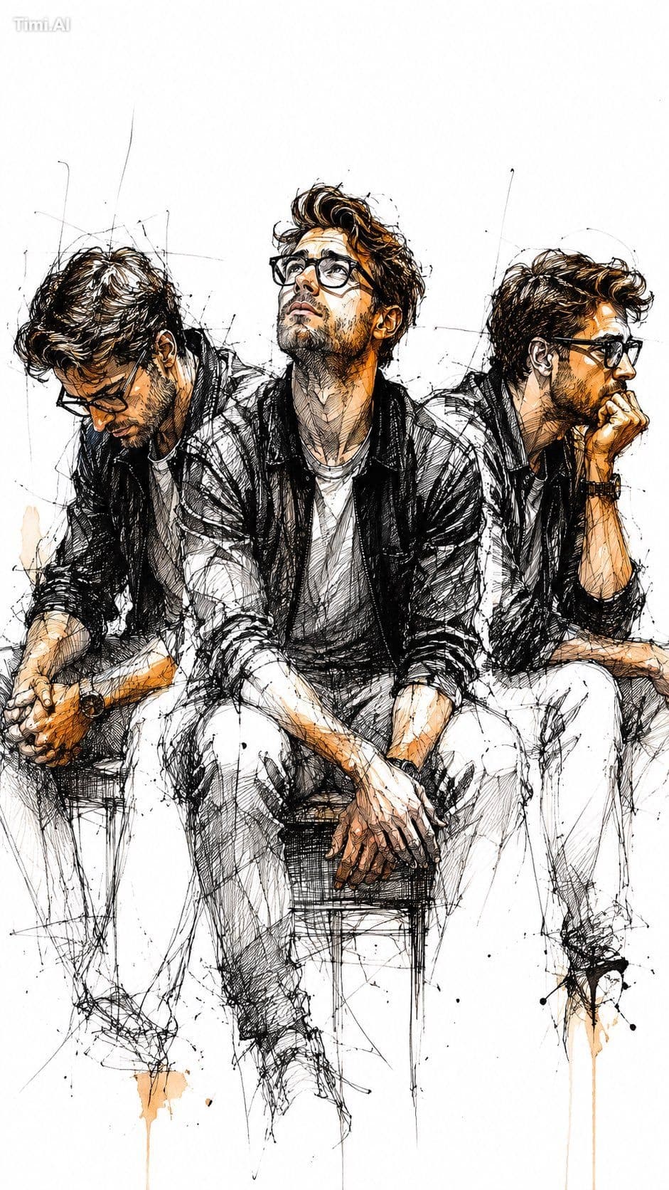 Expressive gestural ink and pen sketch of three (image Uploa