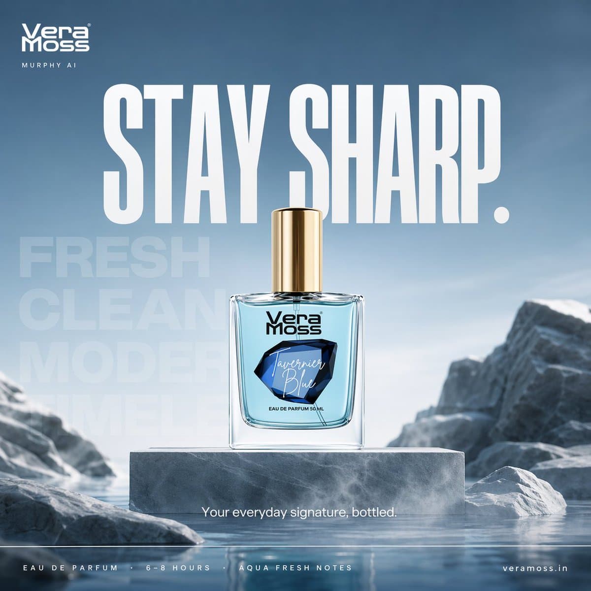 Hyper-realistic cinematic perfume billboard poster for Vera 