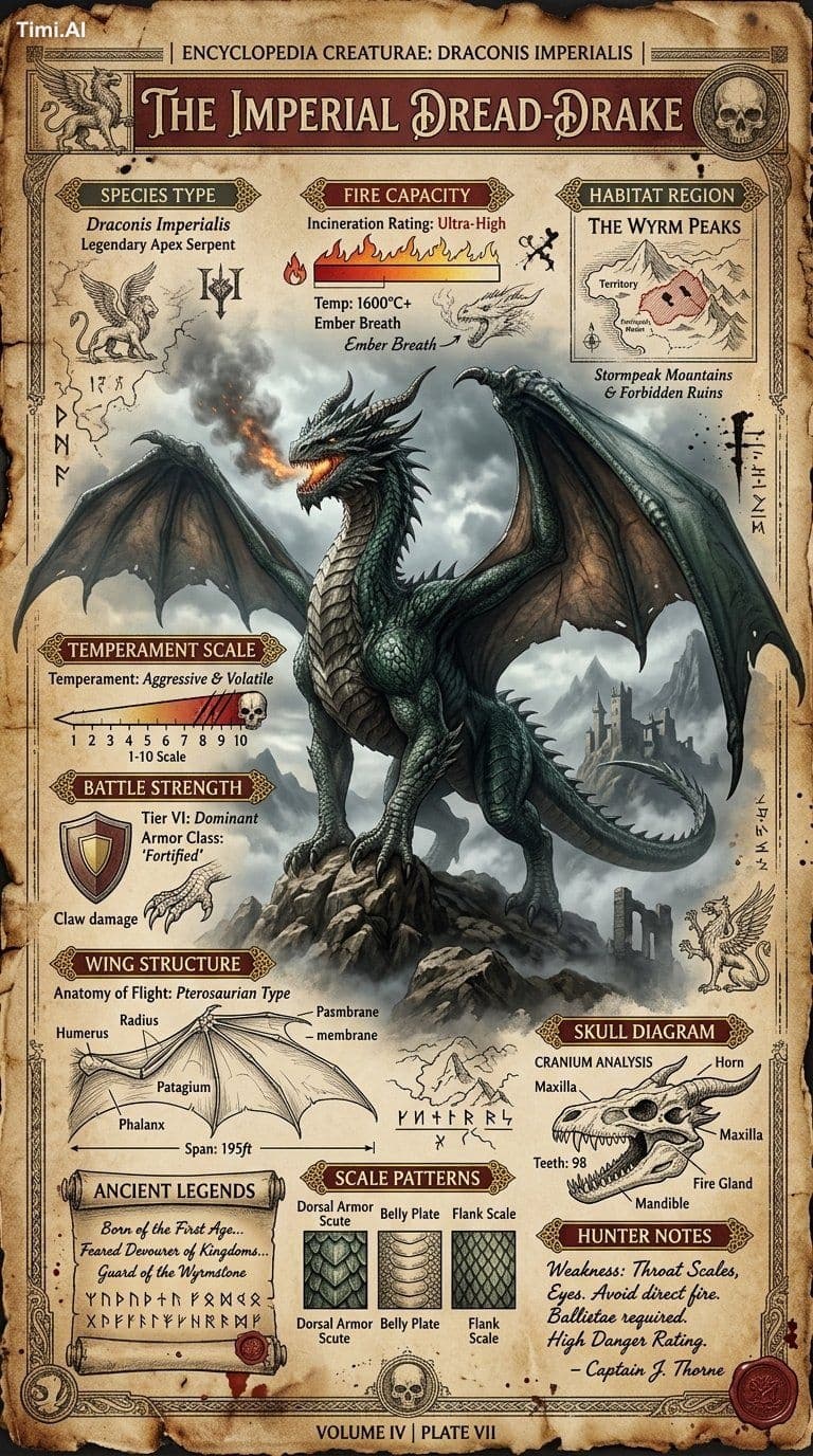 Create a highly detailed A4 vertical vintage fantasy encyclo