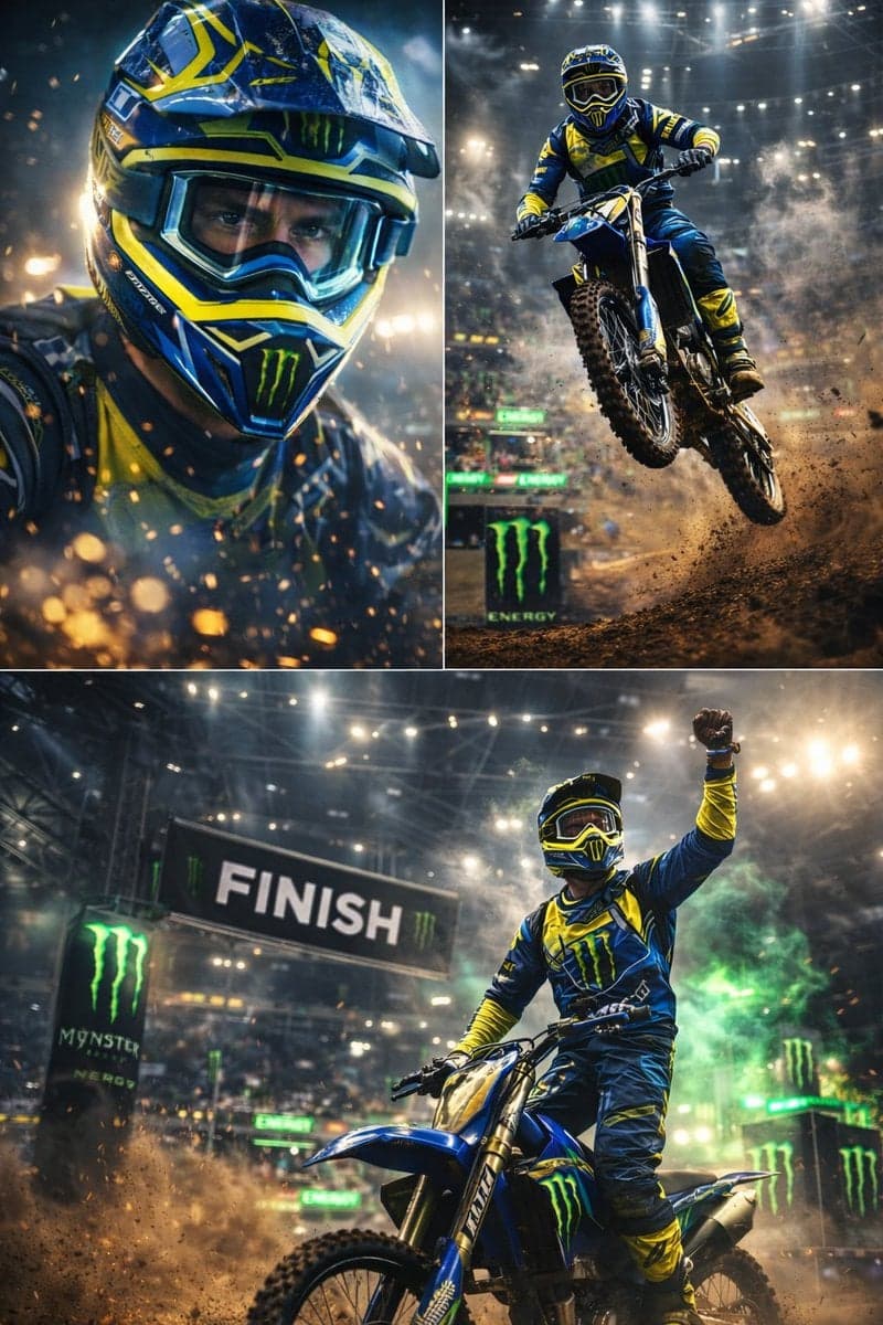 Ultra-dynamic motocross racing scene featuring a professiona