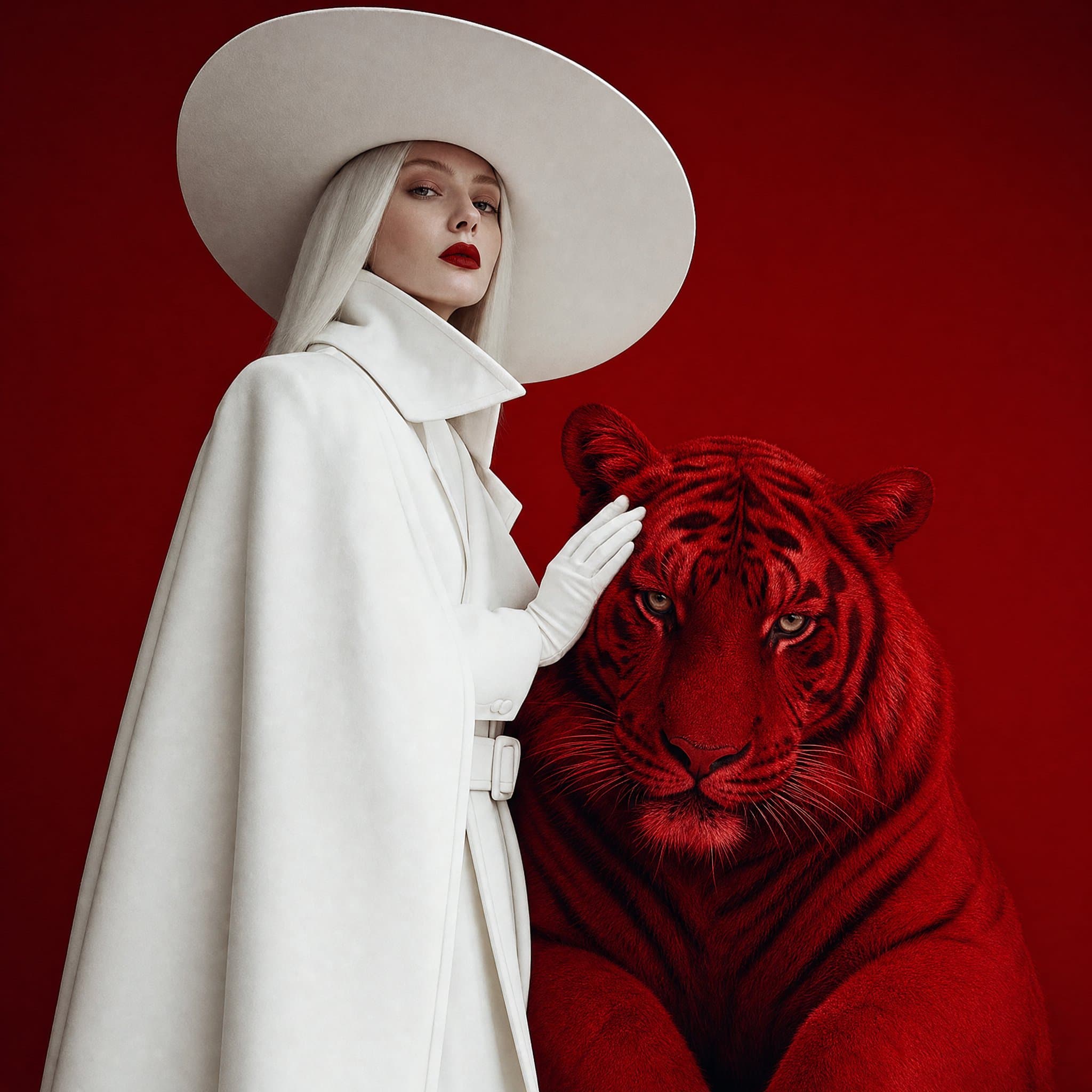 Surreal fashion editorial portrait, woman in full white wide