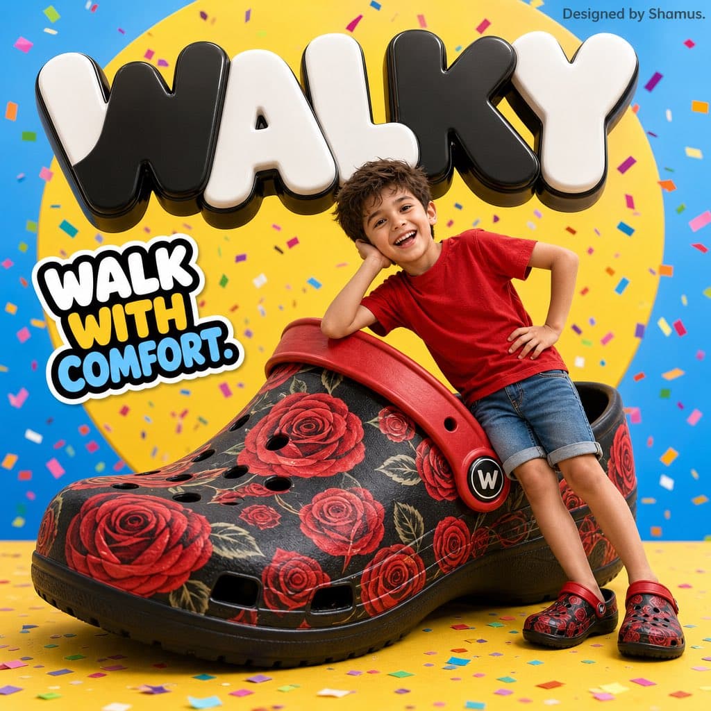 A vibrant children’s shoe advertisement poster featuring a j