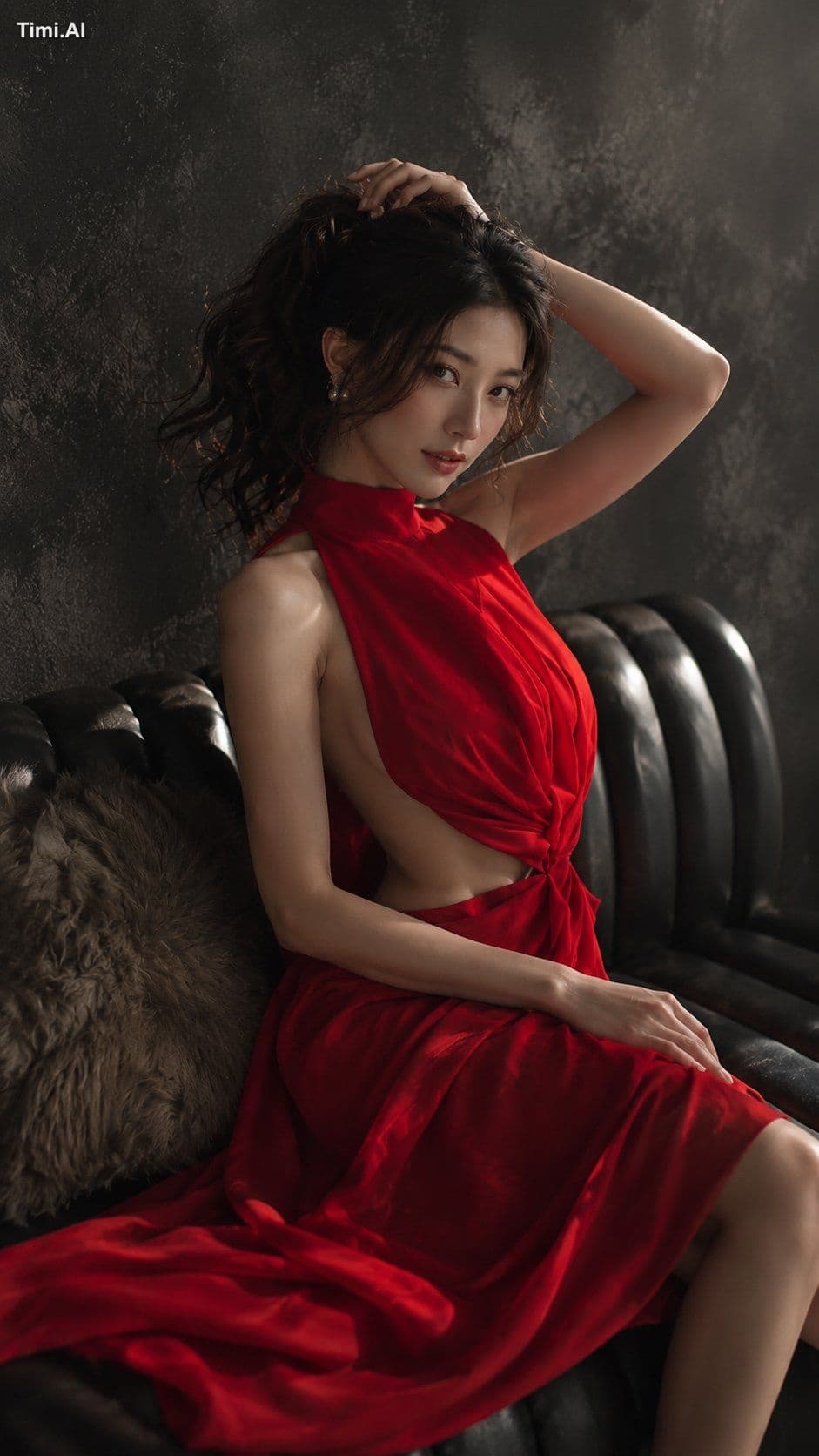 写实竖幅魅力时尚写真人像,沉郁豪华休闲室场景。成年东亚女性,21岁以上,坐于深色质感炭灰色墙前的黑色皮质沙发上。略偏右,