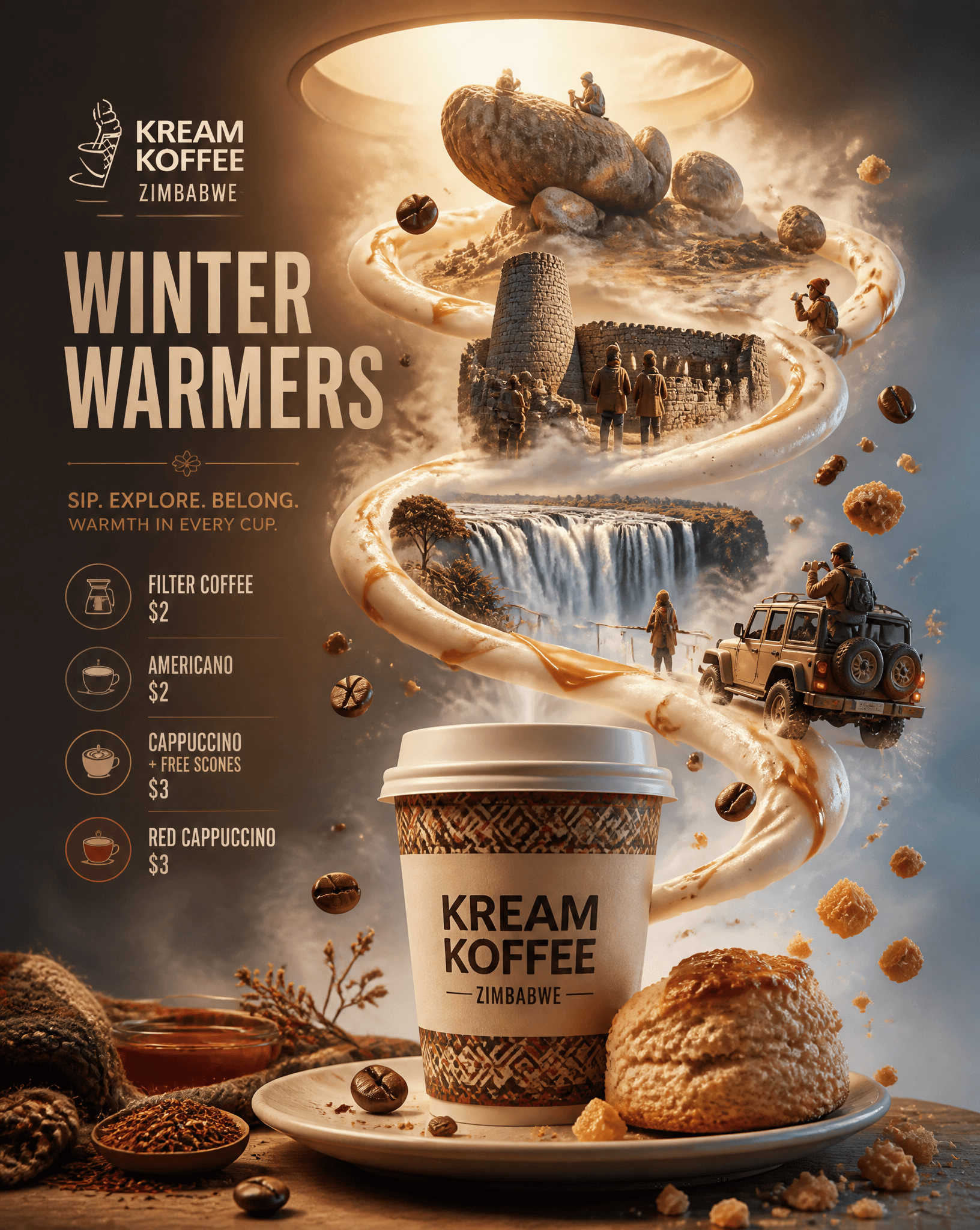 Ultra-detailed premium winter coffee advertisement poster fo
