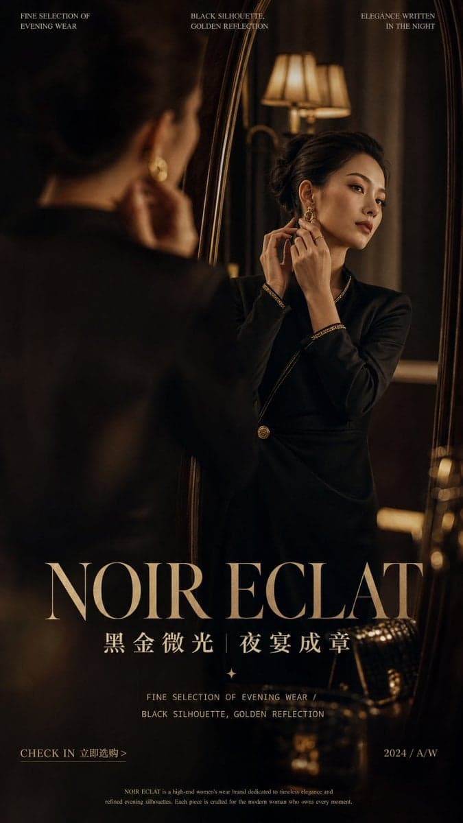 Create a vertical 9:16 high-end fashion campaign poster for 
