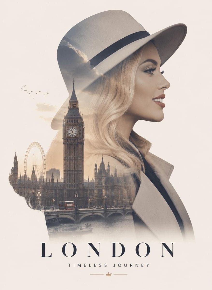 Ultra-premium double exposure travel poster, elegant side-pr