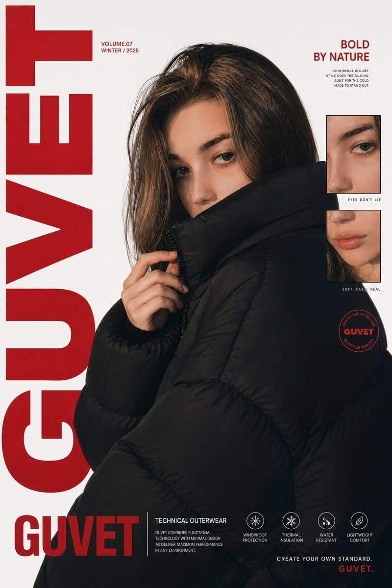 A bold fashion editorial poster featuring a young woman mode