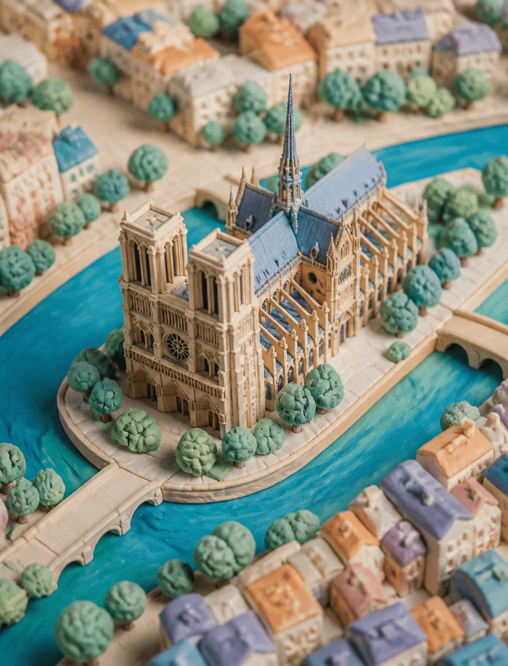 3d Notre dome cathedral made of plasticine, bird eye view wi