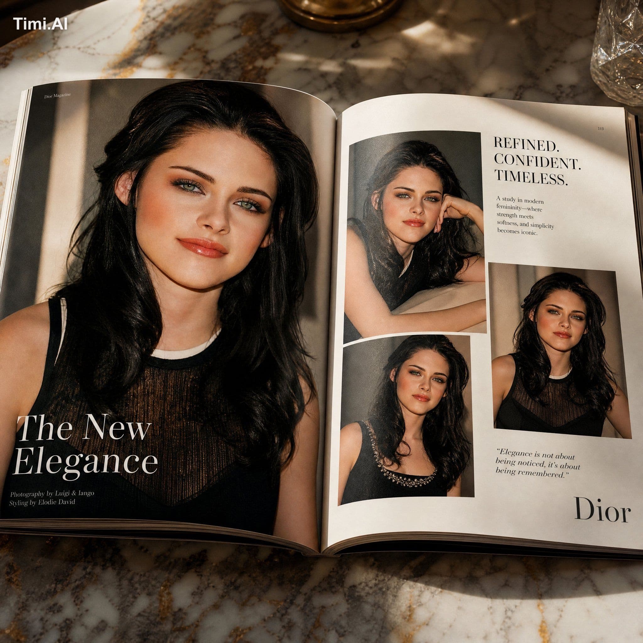 An open luxury fashion magazine resting on a premium marble