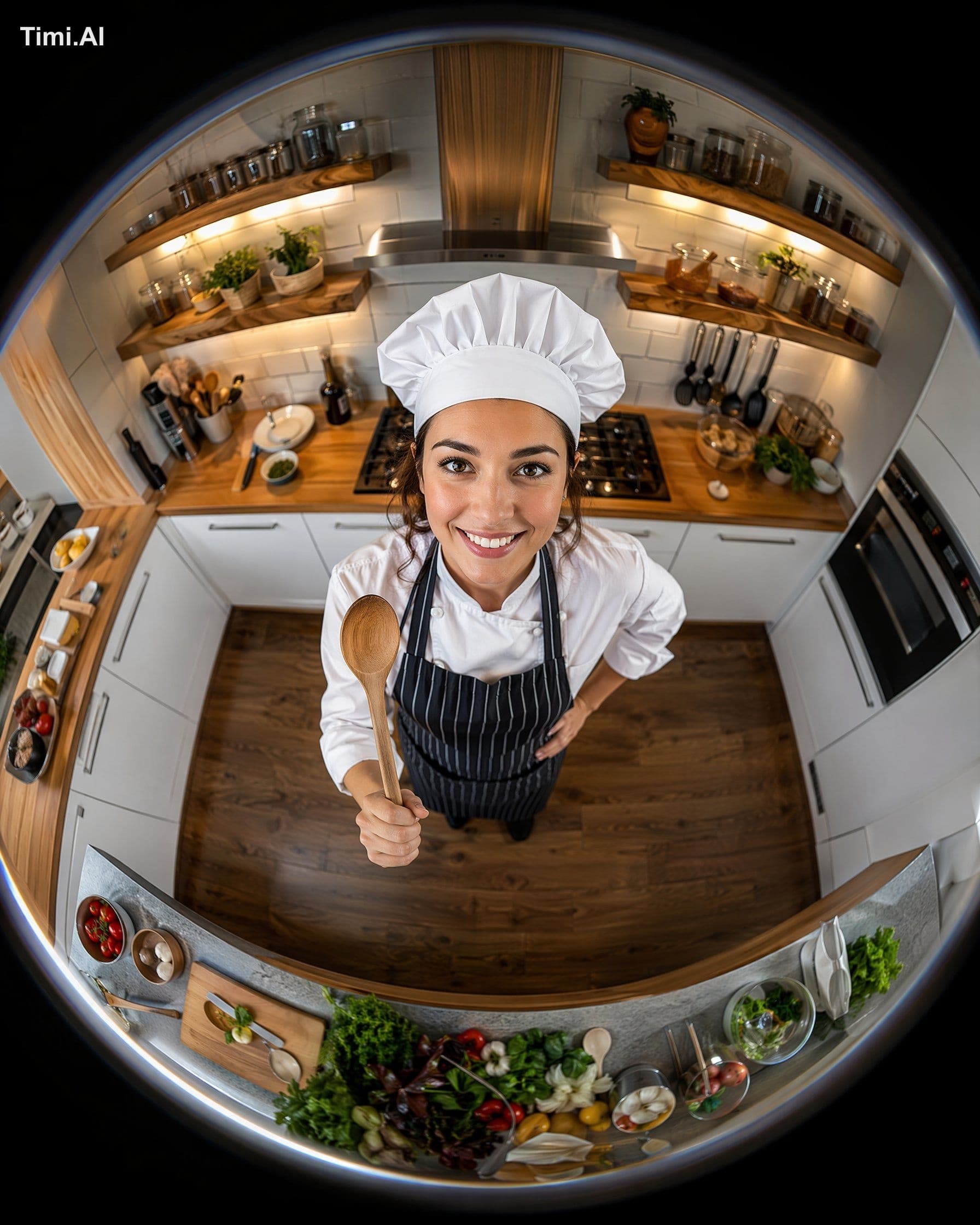 A bird’s-eye view fisheye lens photograph of a young female 