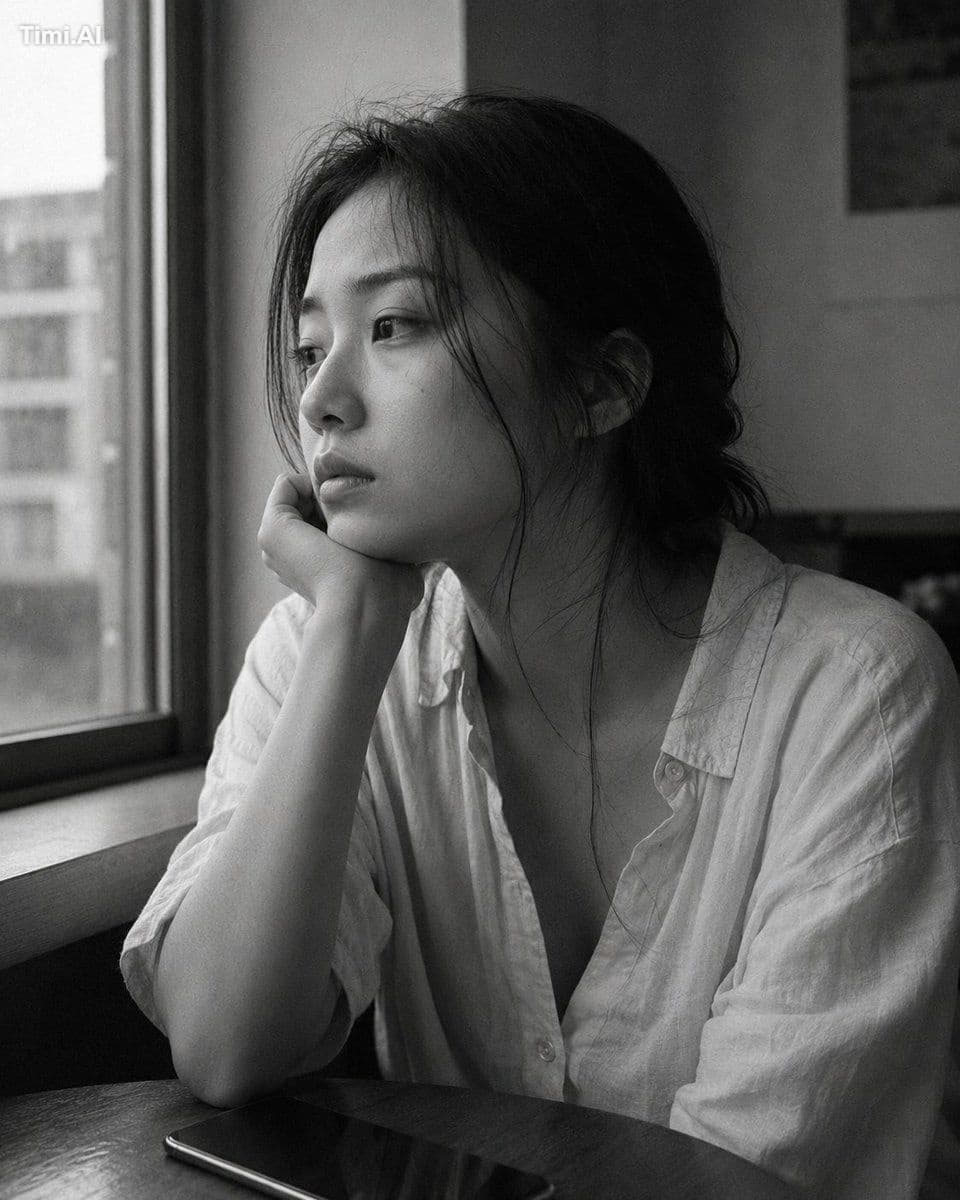 Medium close-up portrait, 85mm, a young East Asian woman in