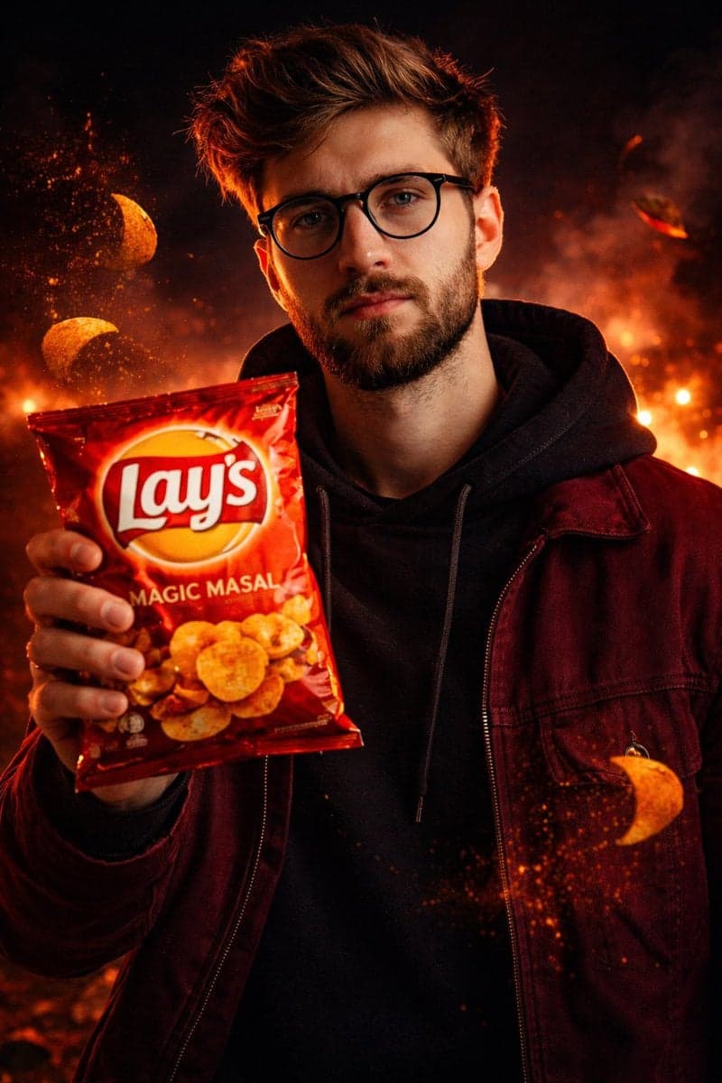 A cinematic, ultra-realistic advertising shot of a man holdi