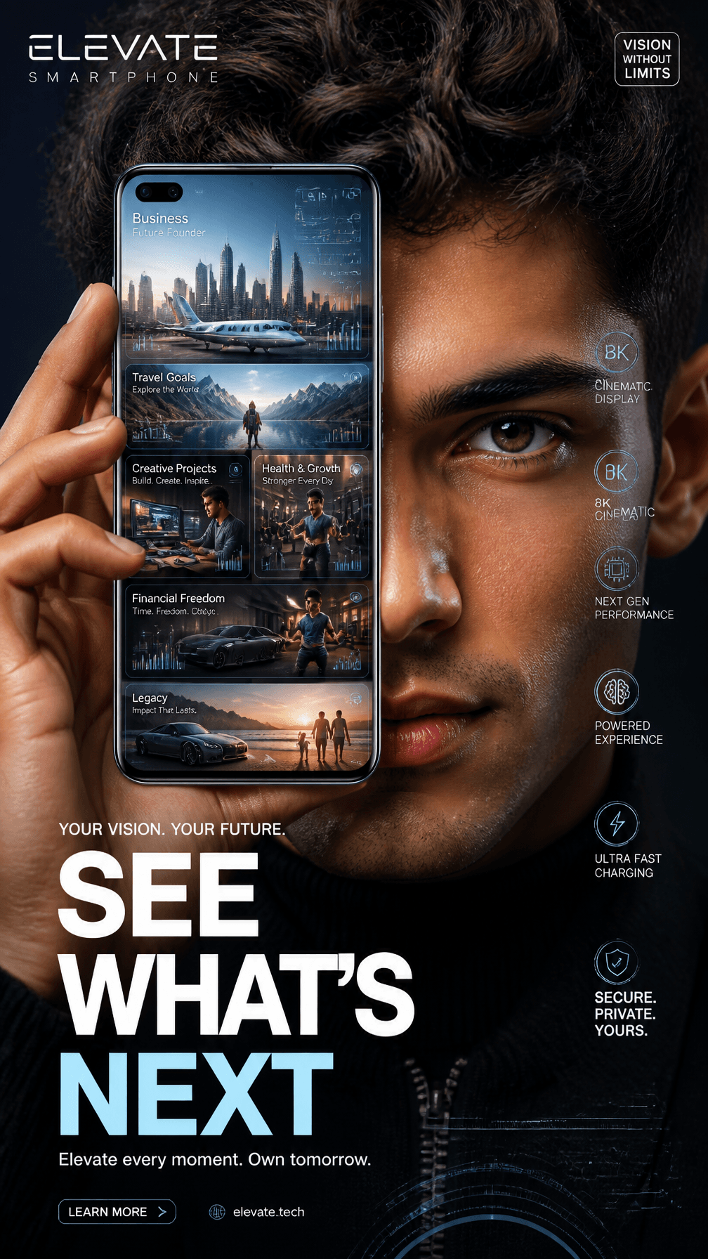 A premium 9:16 smartphone advertising poster.Main Subject:A