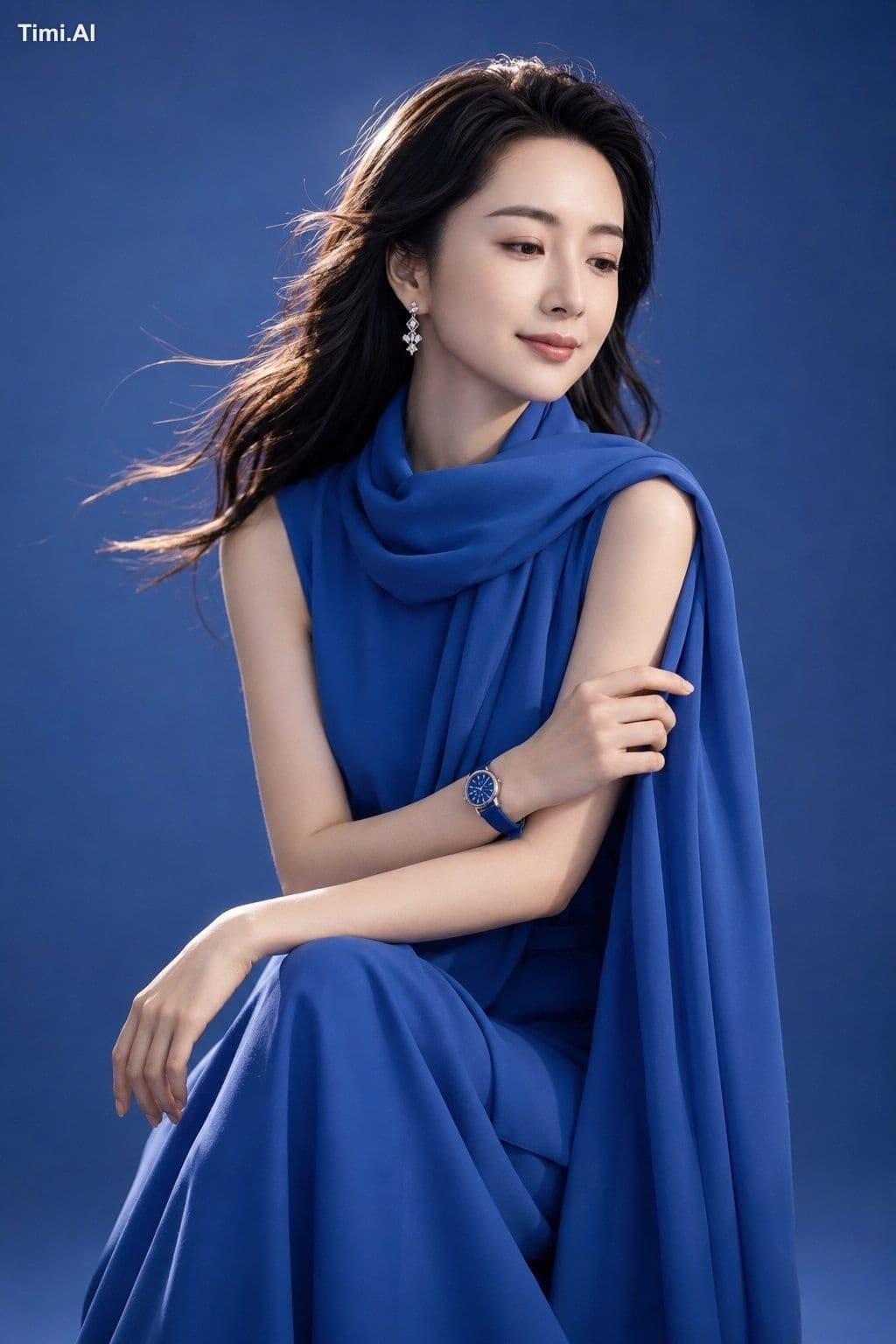 创作一幅写实竖版影棚时尚肖像,模特为一位21岁以上的东亚成年女性,优雅地坐在温暖的赤陶橙色无缝背景前。她位于画面中心略偏
