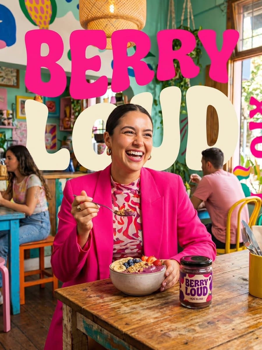 Vibrant lifestyle food advertisement, smiling woman in a bri